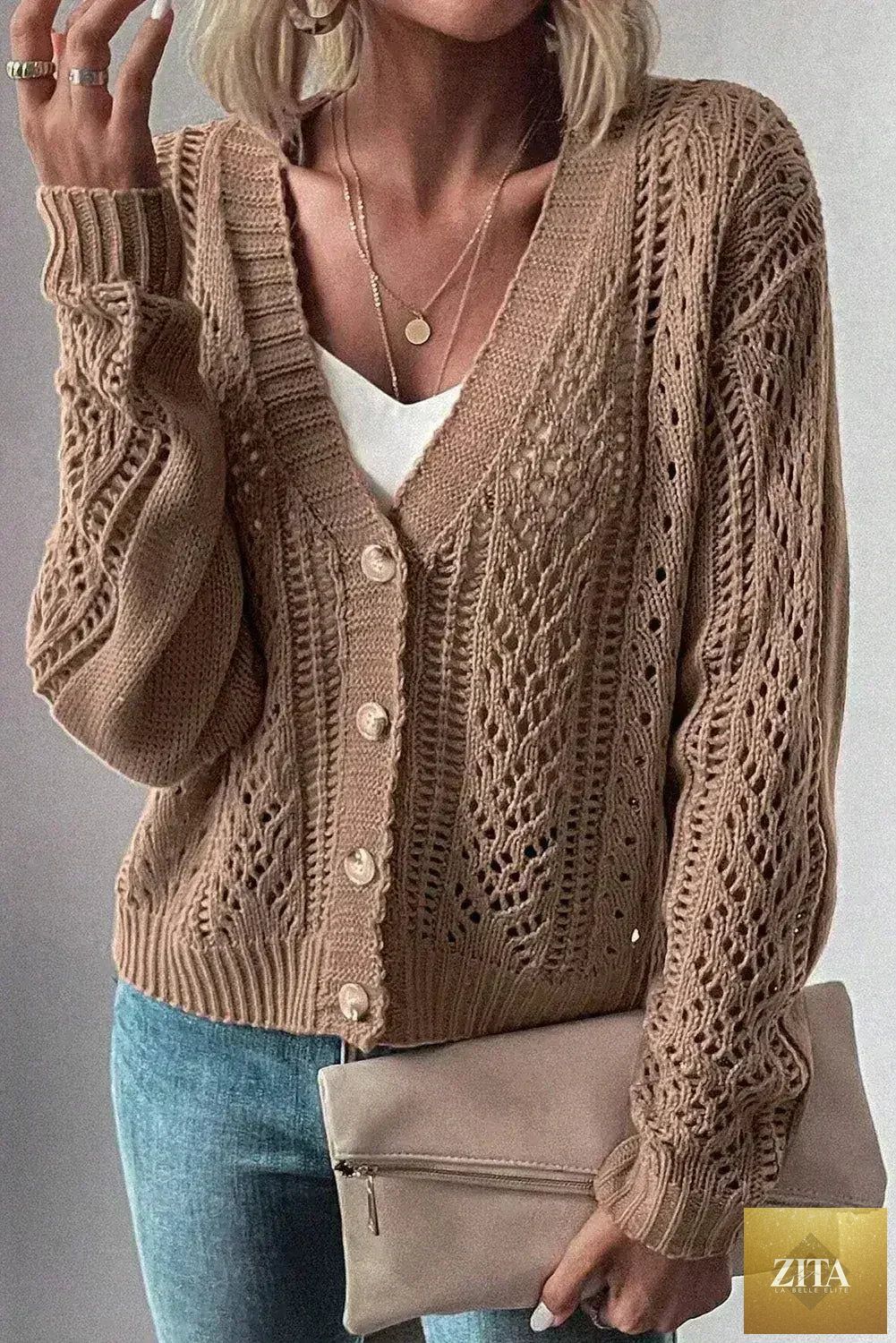 Dark khaki open-knit cardigan sweater with drop shoulder design, made from a cotton-acrylic blend, by Femstylo.