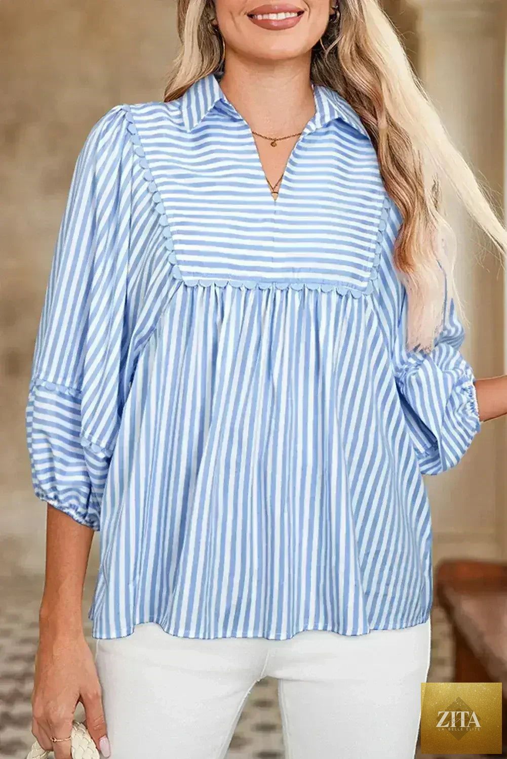Sky blue striped Ric Rac trim collared V-neck blouse by Femstylo, featuring a stylish design and lightweight fabric.