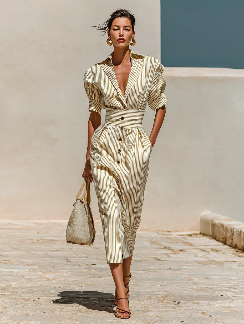 Women's striped lace-up shirt dress by FitiqueFit, high waist slim fit midi casualwear, featuring a stylish striped design and lace-up front.