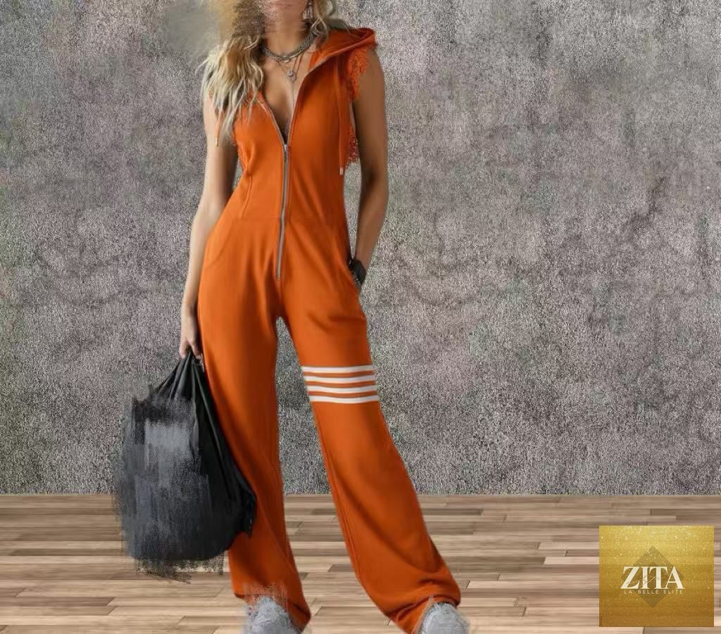 Zita La Belle Elite women's retro sporty sleeveless jumpsuit with striped pattern, hood, lace-up front, and wide flare legs.