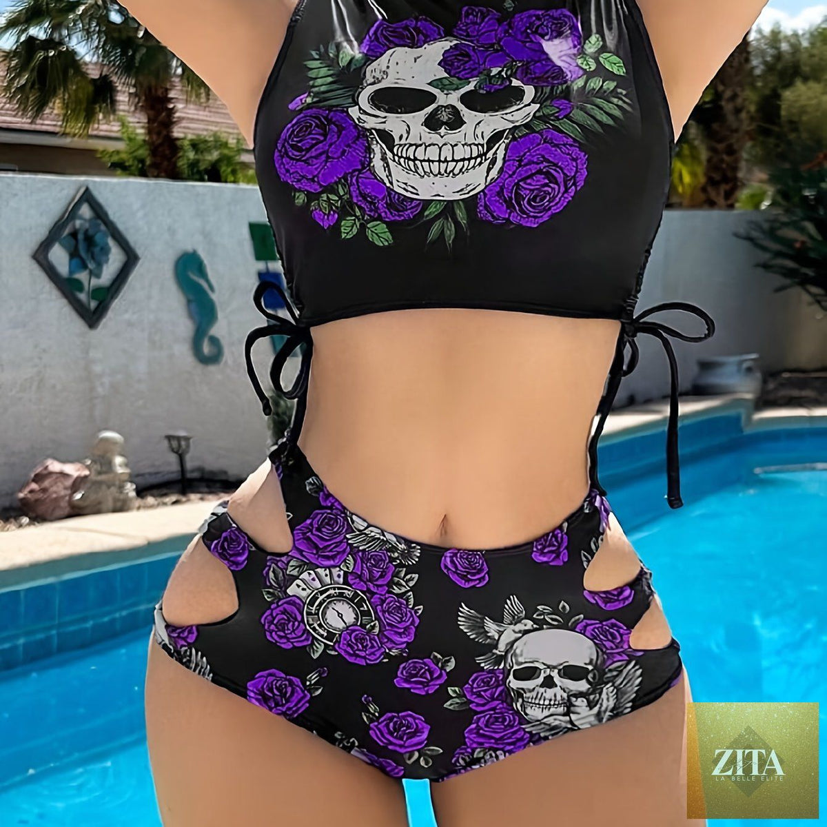 Stevvex skull print bikini set featuring floral lace-up design, hollow-out style, and high stretch fabric for summer beach or festival wear.