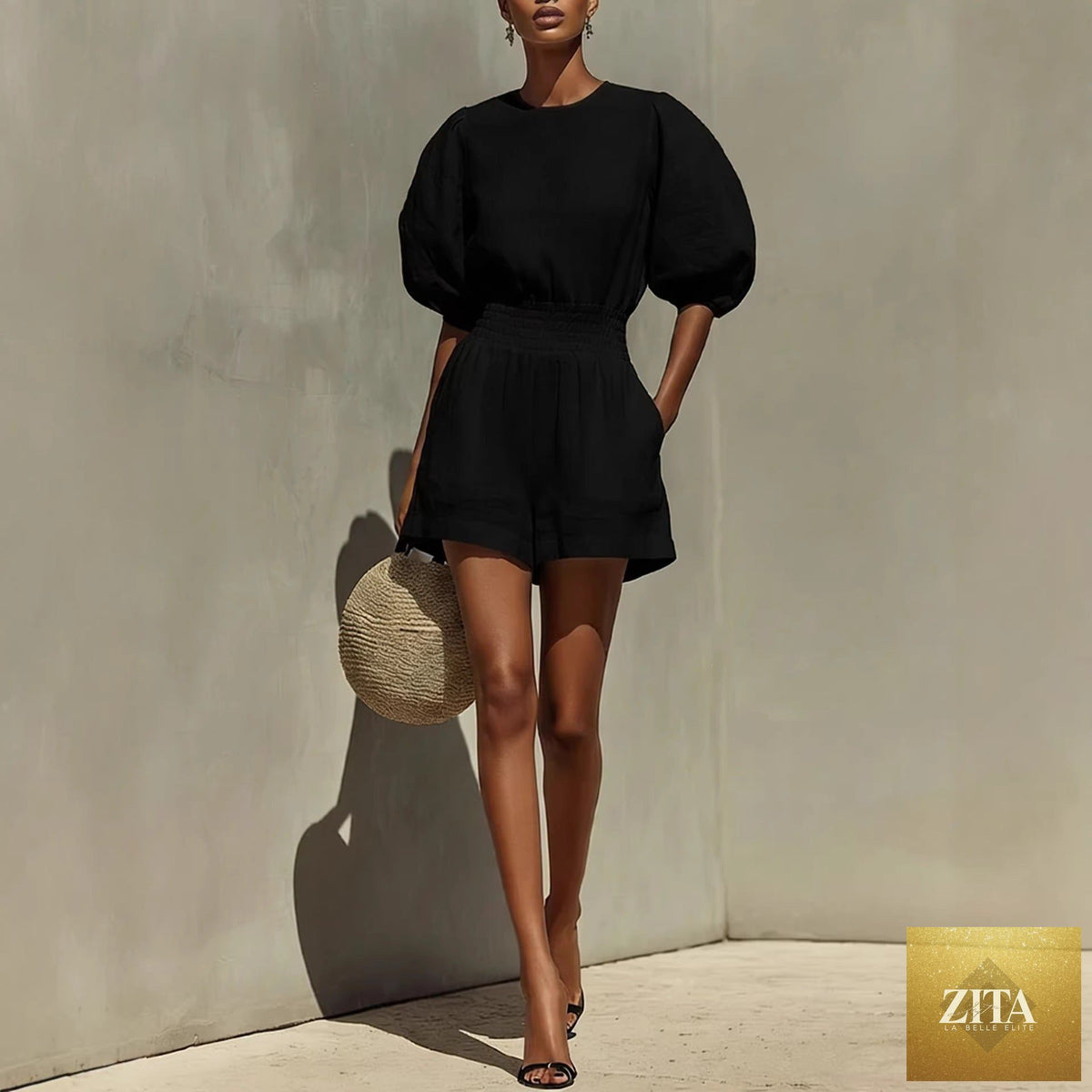 Women's puff-sleeve top and cropped shorts set by Zita La Belle Elite, casual chic casualwear ensemble, styled for warm weather.