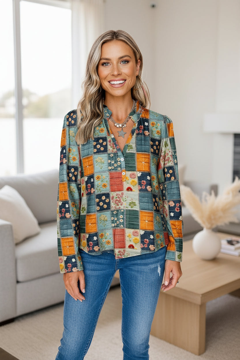 Women's retro floral print chiffon blouse by FitiqueFit, loose fit long-sleeve casual top with a vintage floral design.