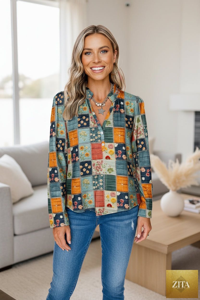 Women's retro floral print chiffon blouse by Zita La Belle Elite, loose fit long-sleeve casual top with vibrant floral pattern.