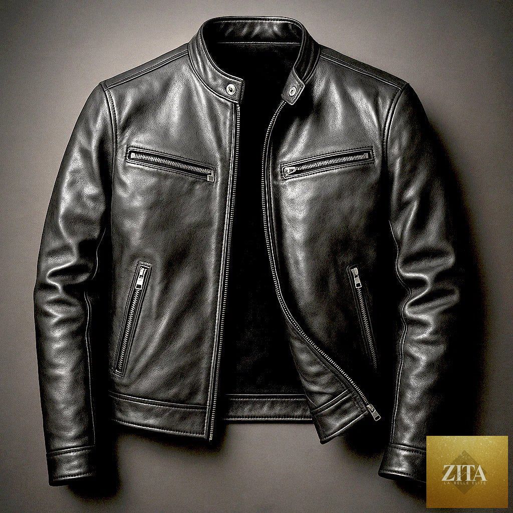 Men's PU leather motorcycle jacket by MANDOTOS with stand-up collar, showcasing front view and detailed stitching.