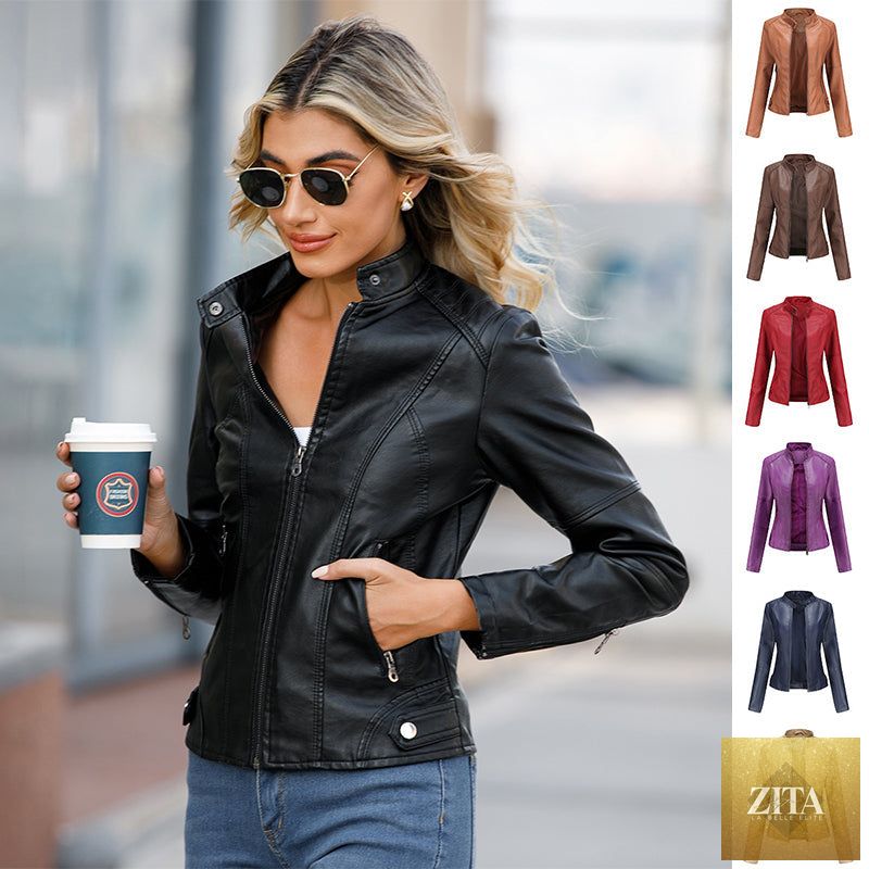 Women’s classic leather jacket by FitiqueFit featuring a sleek streetwear style, shown in black with a fitted design.