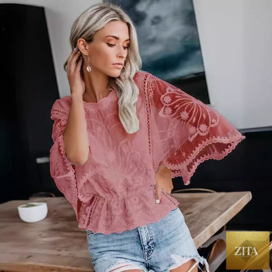Women’s lace trim short sleeve batwing shirt by FitiqueFit, casualwear top with delicate lace details and relaxed fit.