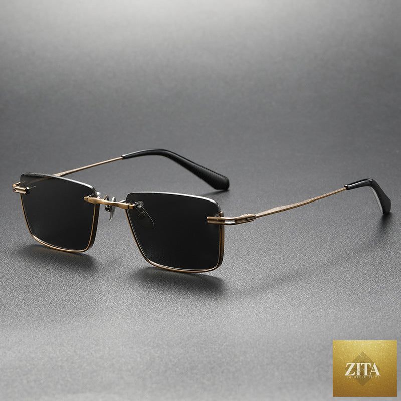 Pure titanium polarized sunglasses with retro British style, featuring sleek frame and dark tinted lenses by FitiqueFit.