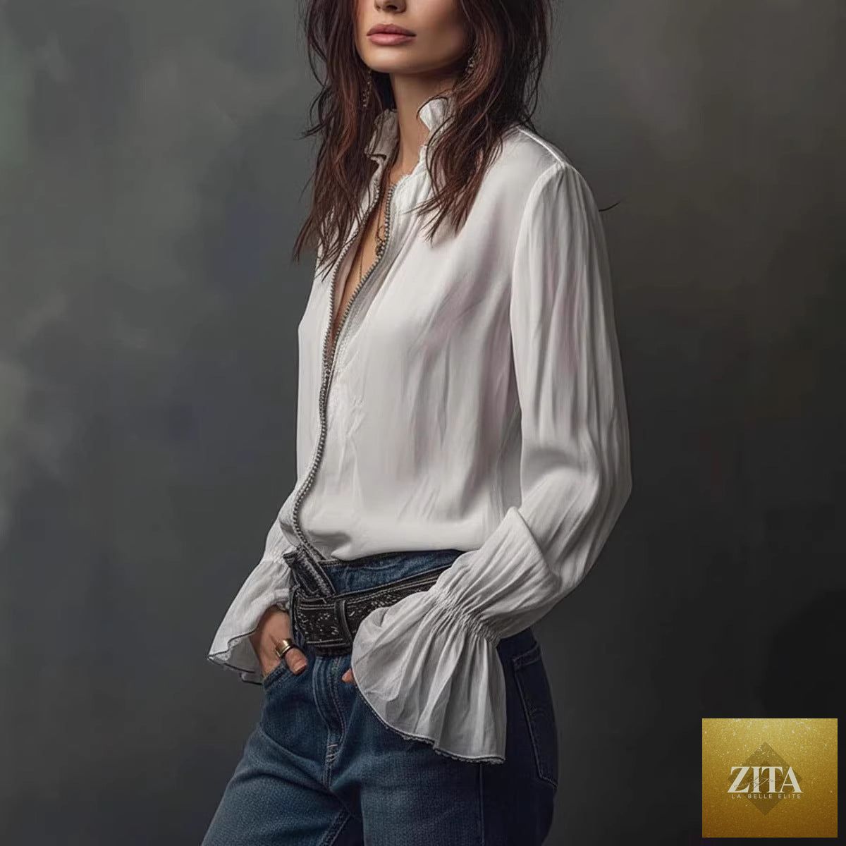 Women's ruffled sleeve resort shirt by FitiqueFit, casual long blouse with stretch fabric and stylish ruffle details.