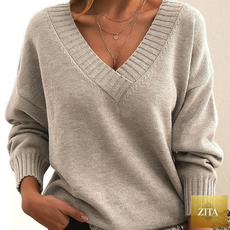 Women’s V-neck drop shoulder sweater by FitiqueFit, casual long sleeve pullover in soft knit fabric, relaxed fit and comfortable style.