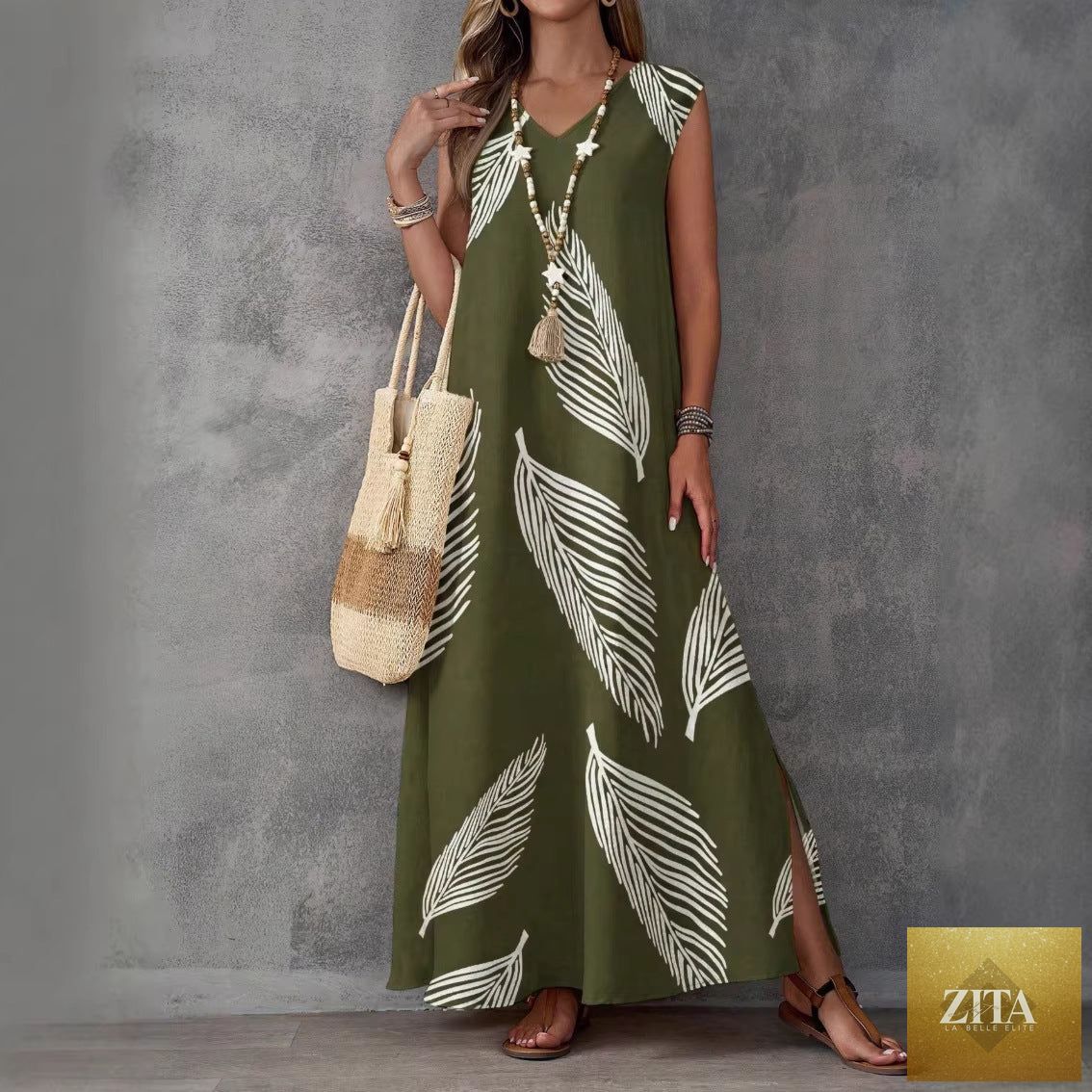 Printed V-neck sleeveless high-waist maxi dress by FitiqueFit in three colors, featuring a flowy skirt and stylish design.