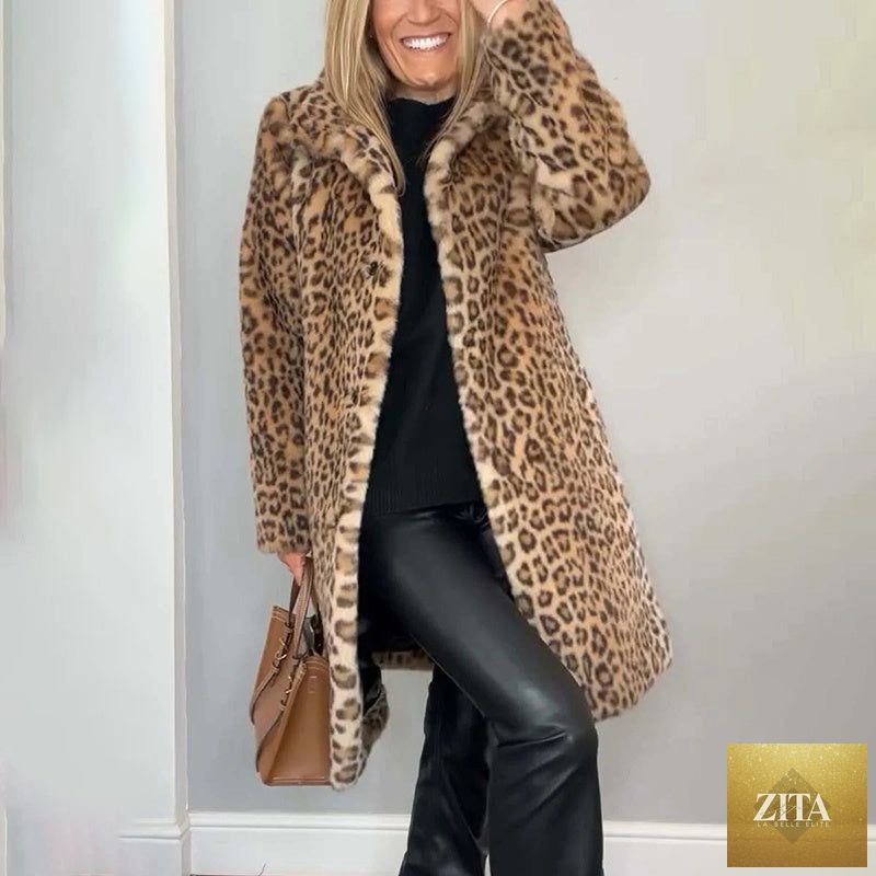 Leopard print plush jacket by FitiqueFit, cozy loose-fit mid-length outwear with a soft, plush texture and stylish design.