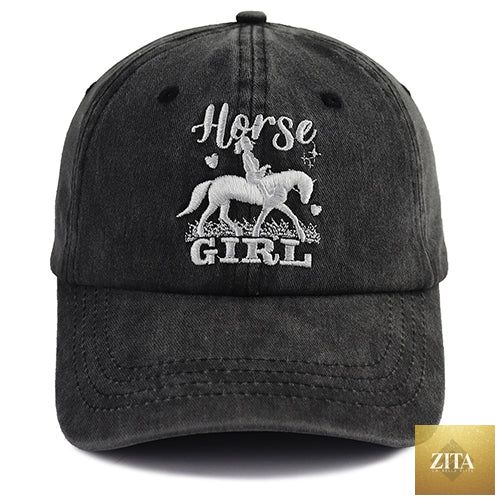 Vintage washed baseball cap by Zita La Belle Elite featuring embroidered "Horse Girl" design and adjustable fit.