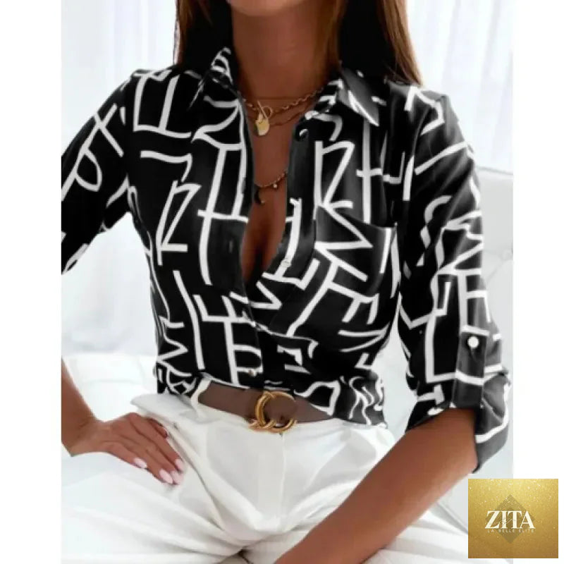 Women’s printed long-sleeve lapel shirt by FitiqueFit, casual elegant blouse featuring a stylish pattern and tailored fit.