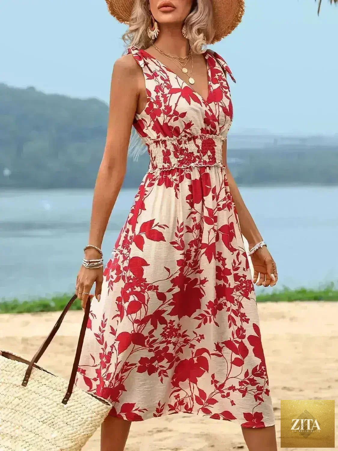 Flowy smocked surplice midi dress by Zita La Belle Elite, featuring a relaxed viscose fabric and a flattering silhouette.