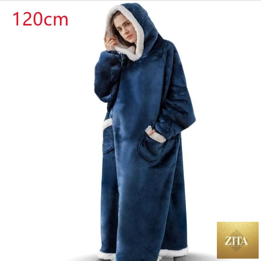 Mandotos winter TV hoodie blanket in gray, oversized pullover with pockets, designed for women and men to stay warm at home.