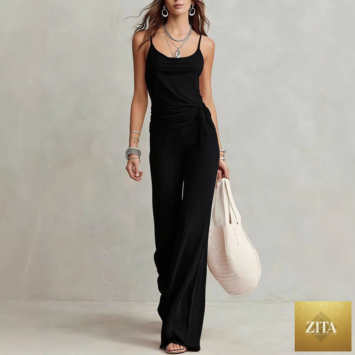 Zita La Belle Elite women's sleeveless top and pants two-piece casualwear set in solid color, displayed on a model.