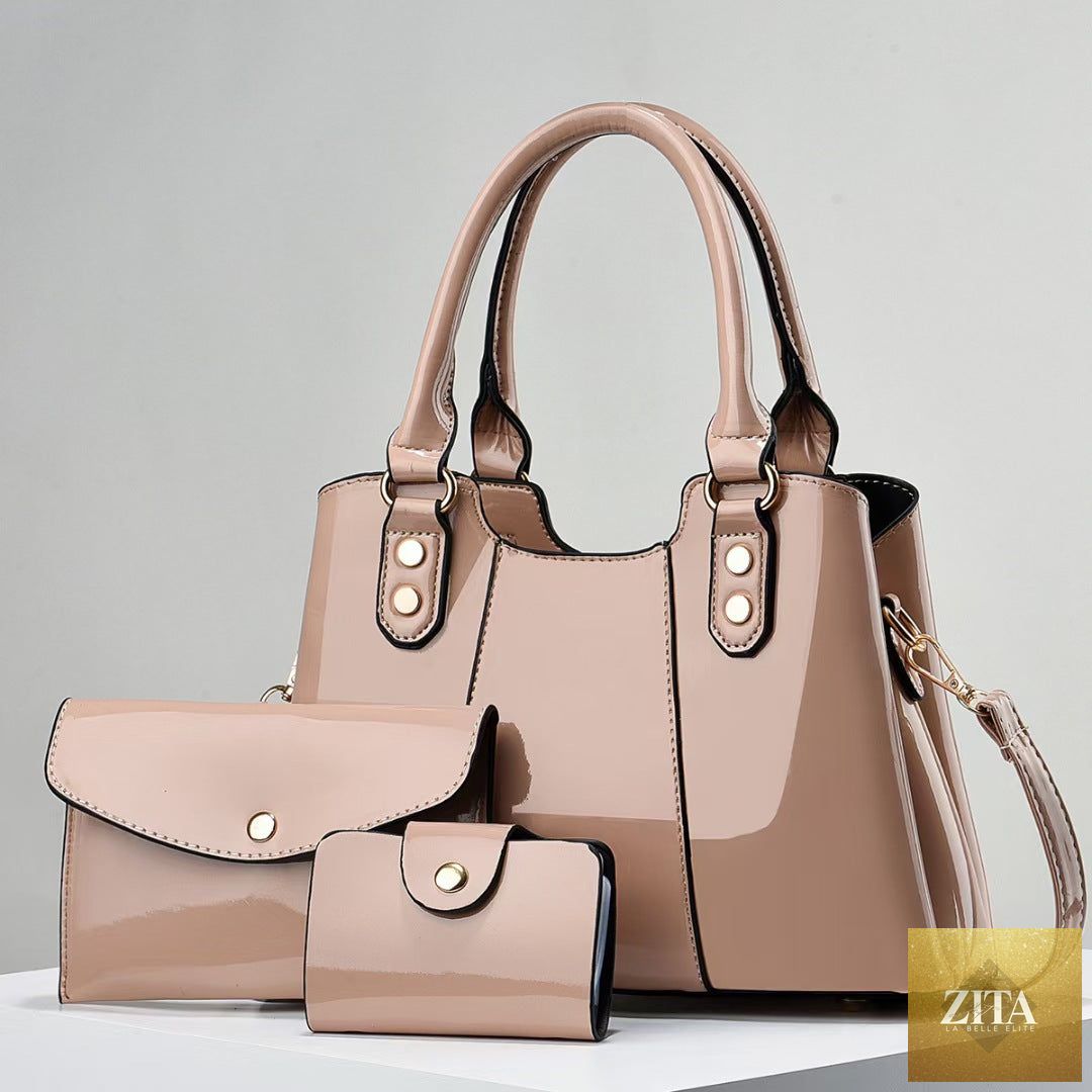 Large-capacity three-piece set of mother-and-child crossbody bags by Social Buzz eSIMs, showing different bag sizes and styles.