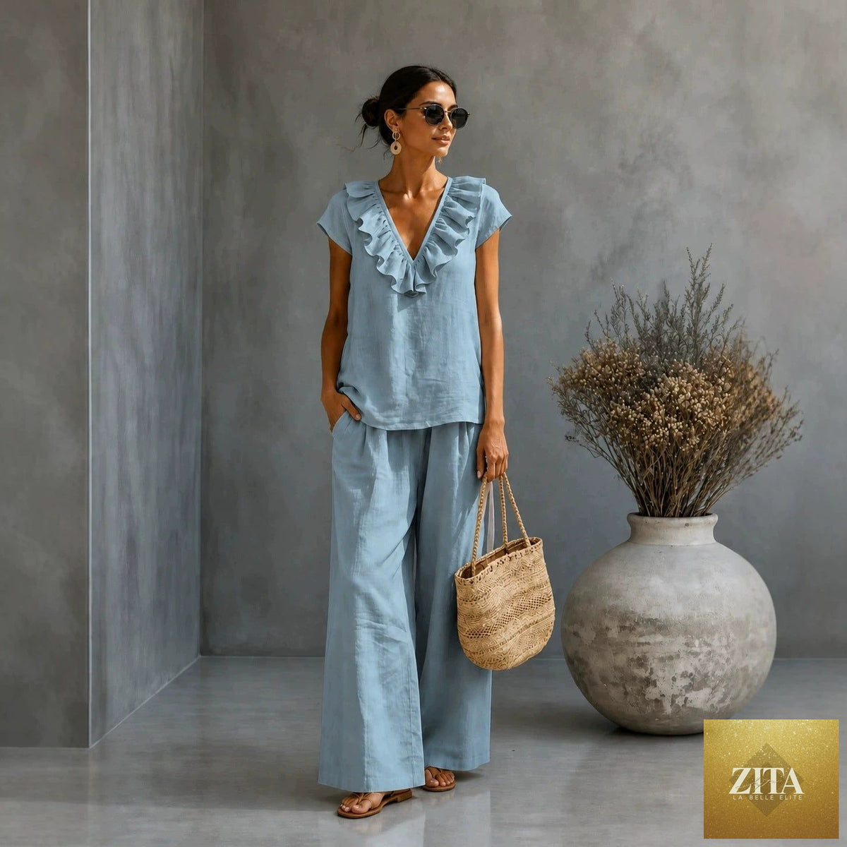 Zita La Belle Elite women's casual two-piece set with V-neck ruffled hem top and wide-leg pants, stylish and comfortable for everyday wear.