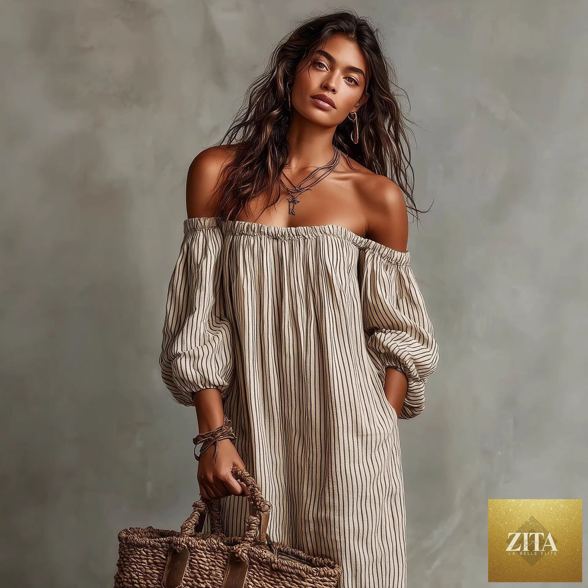 Women's off-shoulder long-sleeve maxi dress by Zita La Belle Elite, flowing casualwear with a relaxed fit and elegant neckline.