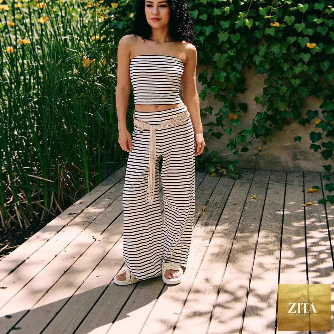Women's striped tube top and pants set by Zita La Belle Elite, casual 2-piece modal matching outfit, featuring a stylish, comfortable design.