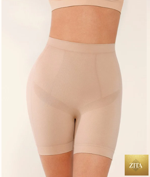 Seamless form-fitting mid-rise tummy control shorts in black, designed to shape and smooth the waist and hips.