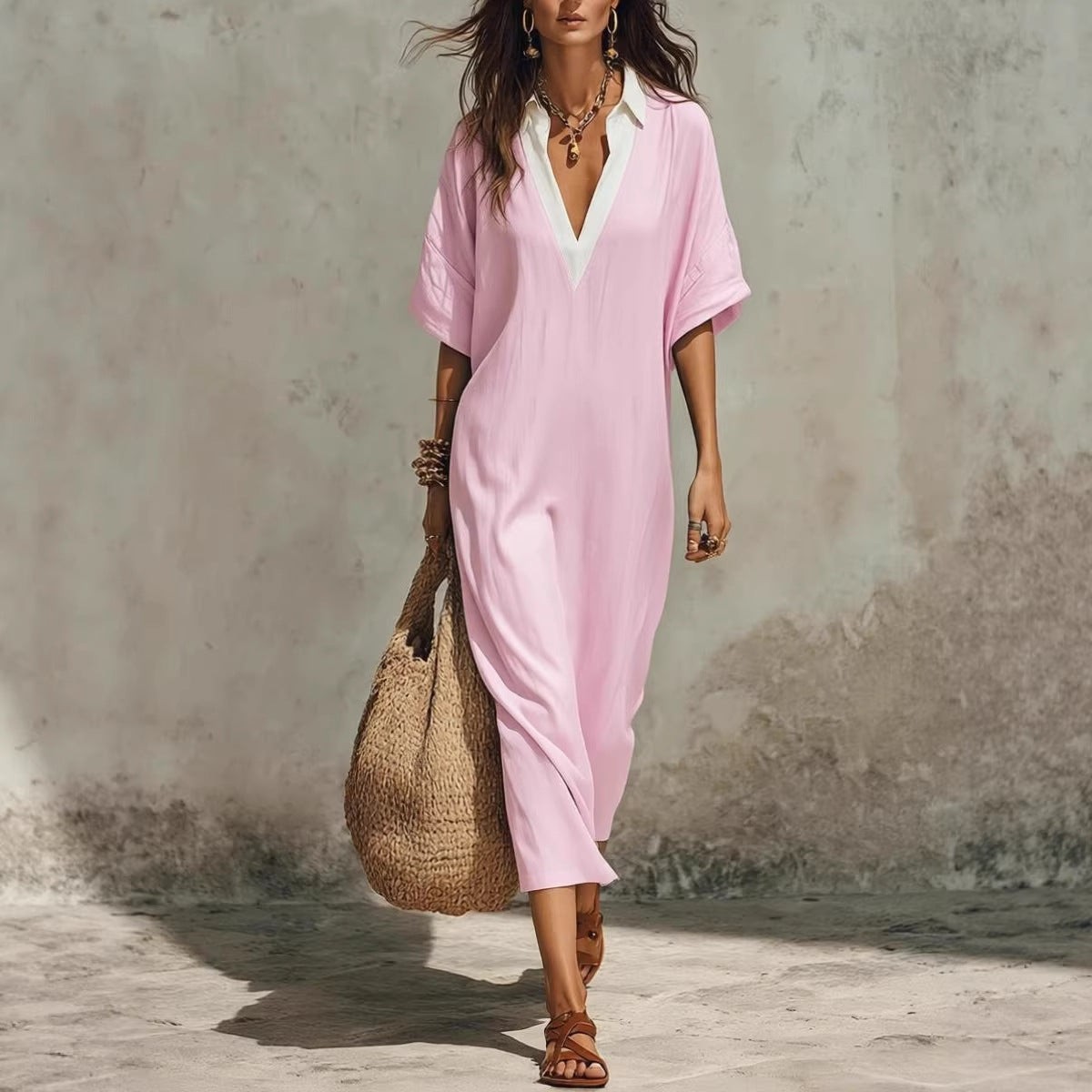 Women's V-neck loose linen midi dress with cropped sleeves and pockets, casualwear by FitiqueFit, shown hanging on a wooden hanger.
