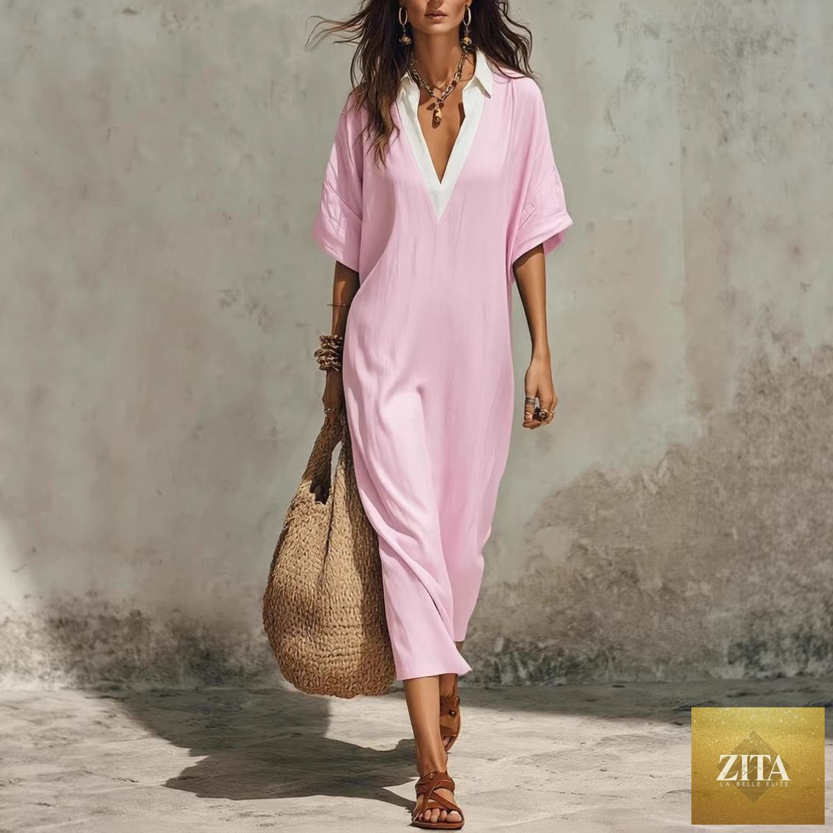 Women's V-neck loose linen midi dress with cropped sleeves and pockets, casualwear by FitiqueFit, shown hanging on a wooden hanger.