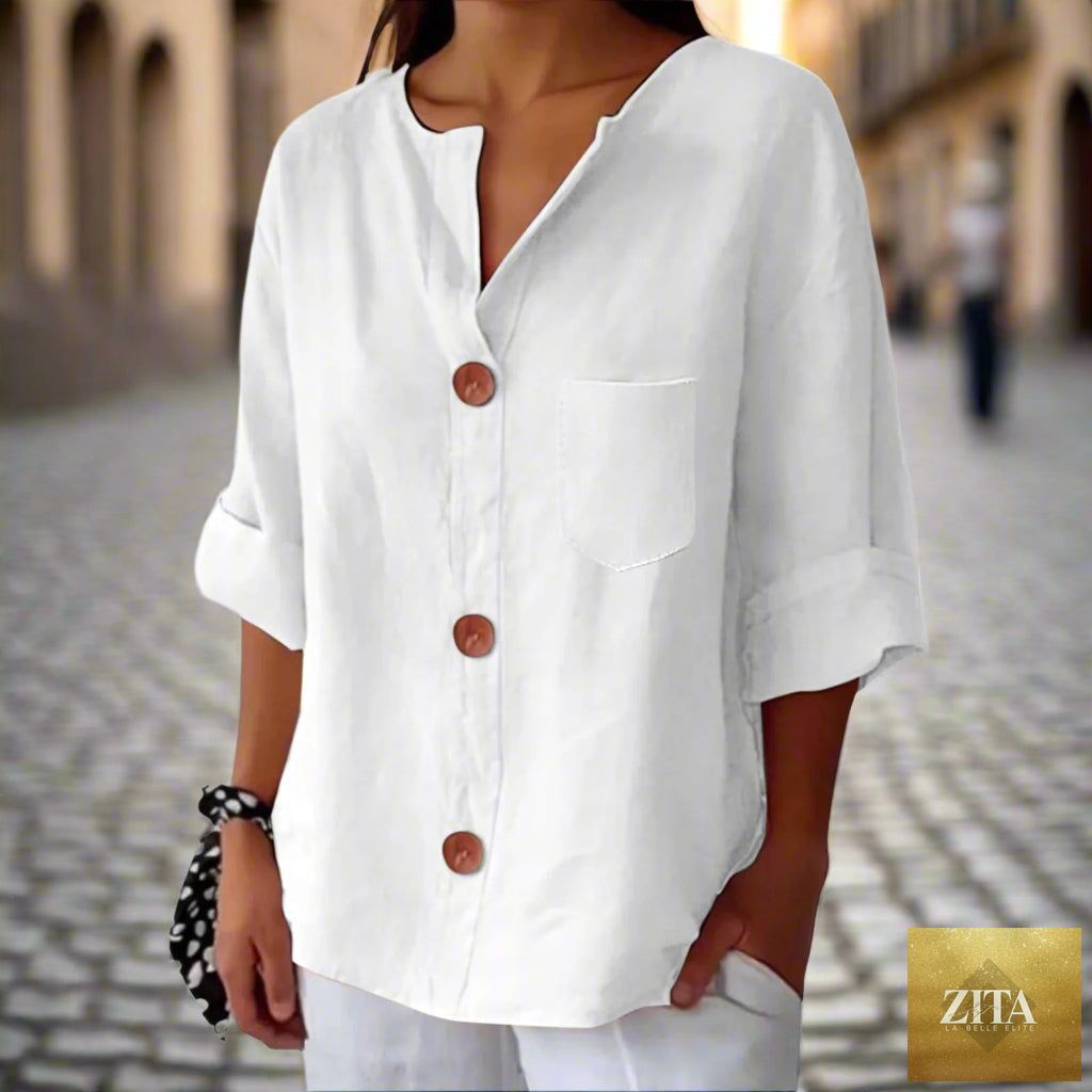 Women's loose V-neck T-shirt by FitiqueFit in cotton linen, casual button top with relaxed fit and lightweight fabric.