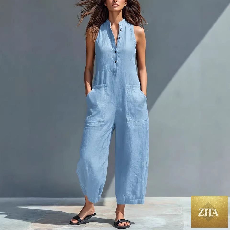 Casual women's sleeveless jumpsuit with buttoned stand collar and loose fit by Zita La Belle Elite, shown in a relaxed style.