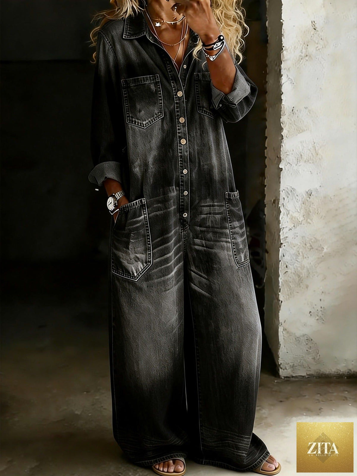 Women's vintage washed wide-leg jumpsuit with pockets by Zita La Belle Elite, featuring a relaxed fit and stylish design.