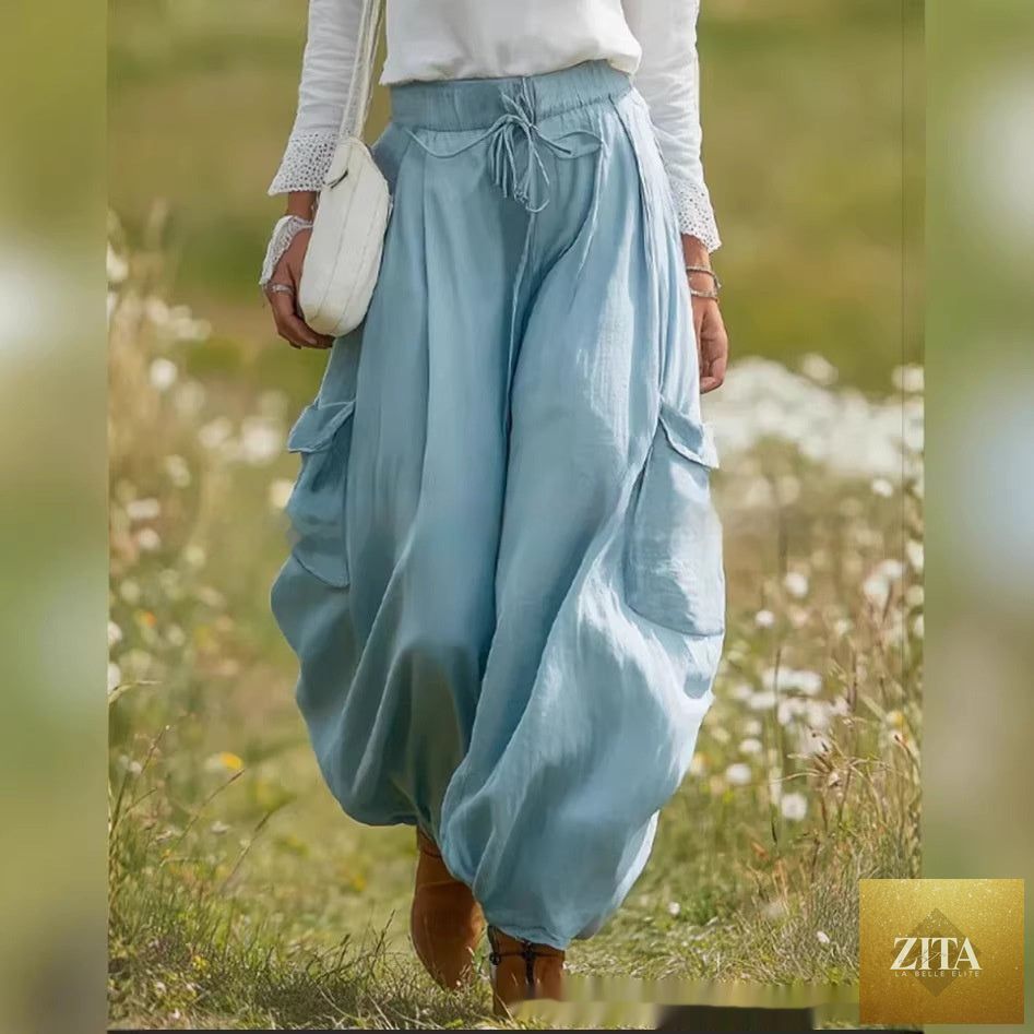 Zita La Belle Elite casual drawstring elastic waist loose-fit trousers in five colors, made from lightweight, comfortable fabric.