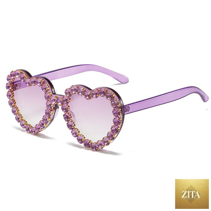 Peach heart-shaped rhinestone sunglasses by FitiqueFit, Y2K INS style, featuring sparkling rhinestones and trendy eye wear design.