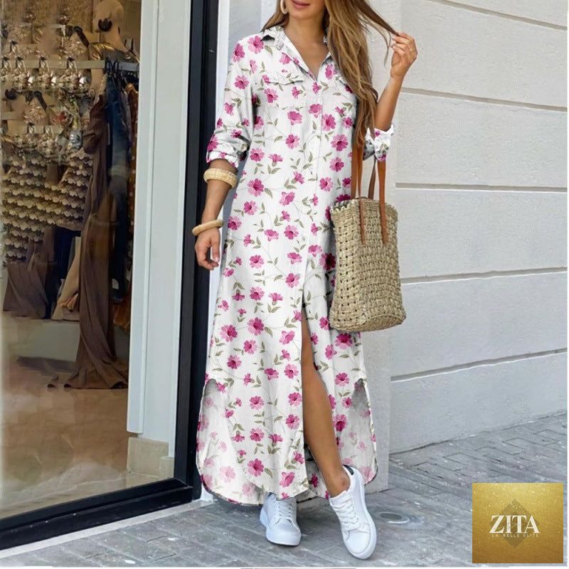 Women's floral print long shirt dress with lapel collar, midi length, relaxed fit by Zita La Belle Elite