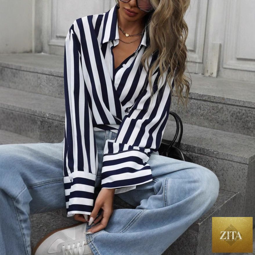Women's striped long-sleeve loose shirt by Zita La Belle Elite, featuring relaxed fit and stylish horizontal stripes.
