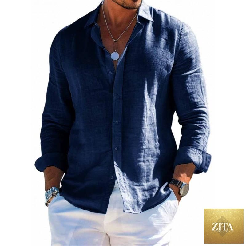 Mandotos men's long sleeve casual shirt with loose fit, solid color, lapel collar, button front, plus size blouse style.
