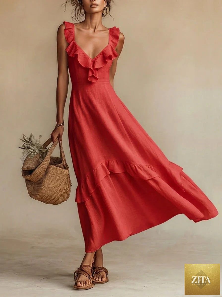 FitiqueFit sleeveless ruffle detail high-waist maxi dress in various colors, casualwear with a flowy, elegant silhouette.