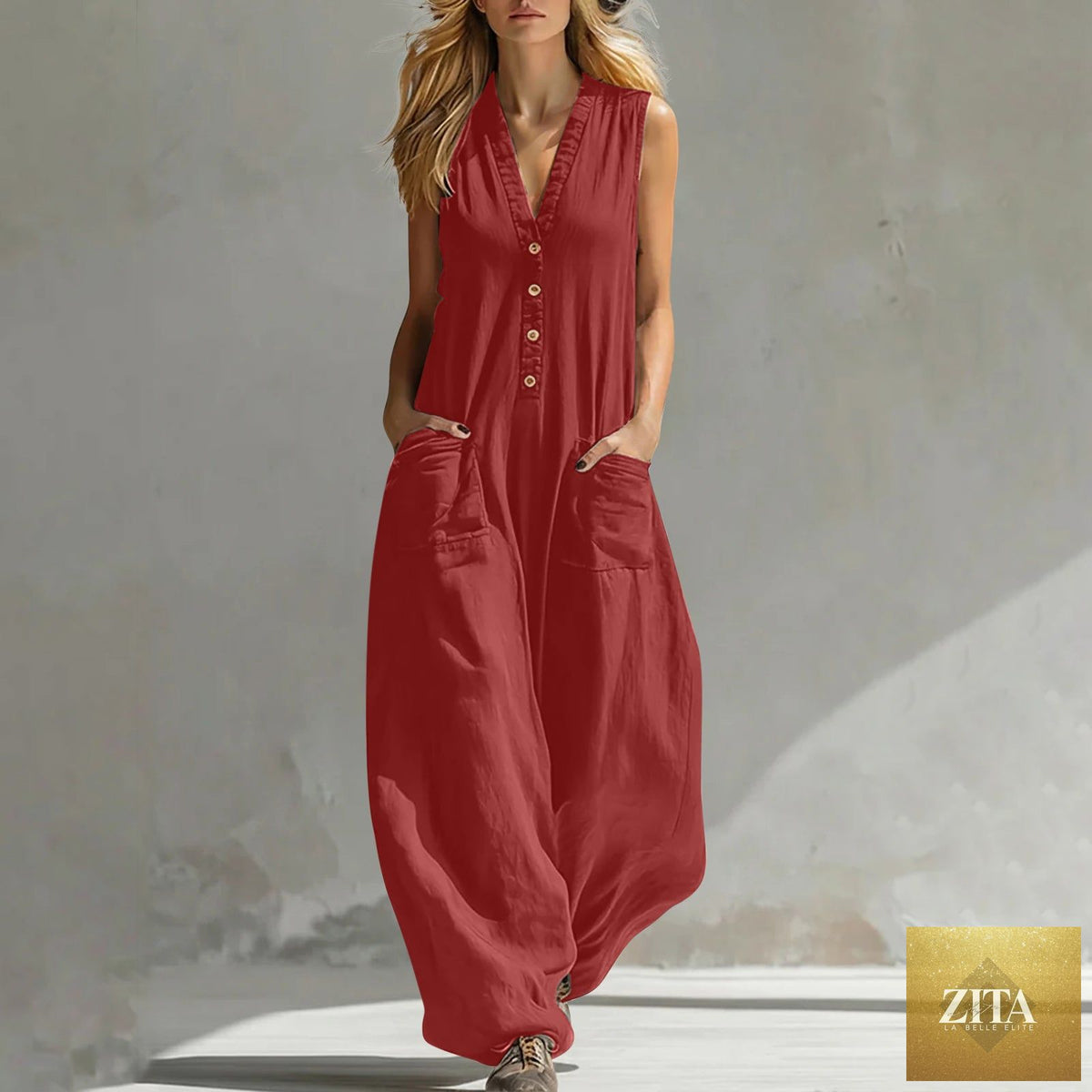 Women's sleeveless wide-leg jumpsuit with pockets by Zita La Belle Elite, casualwear, shown in a relaxed fit with stylish design.