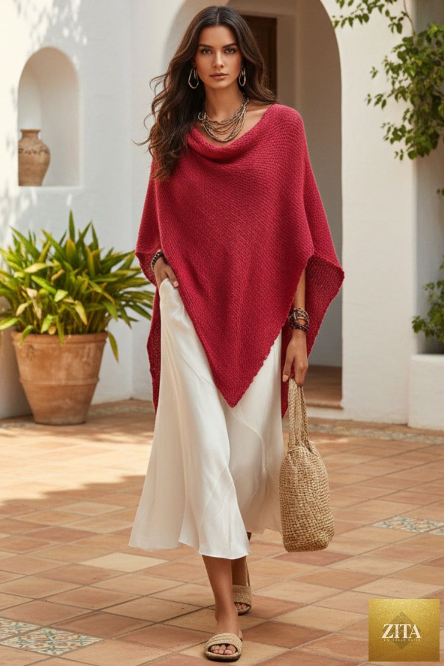 Women's Open-Knit Asymmetric Cape & Ruched V-Neck Fluid Maxi Dress Set