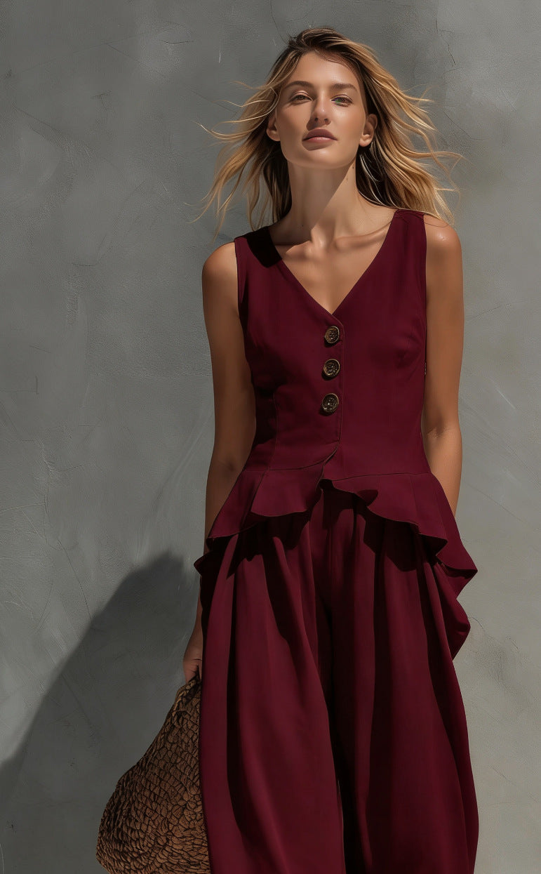 Women's sleeveless top and wide-leg pants two-piece casualwear set by FitiqueFit, featuring lightweight fabric and relaxed fit.