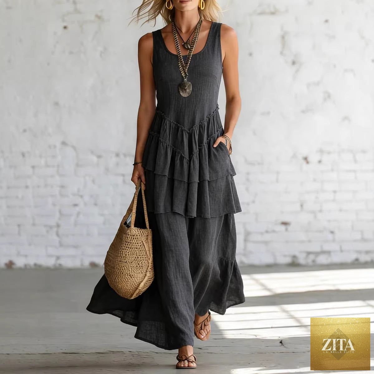 Women's cotton linen sleeveless maxi dress by Zita La Belle Elite, casualwear with a loose fit and flowing design.