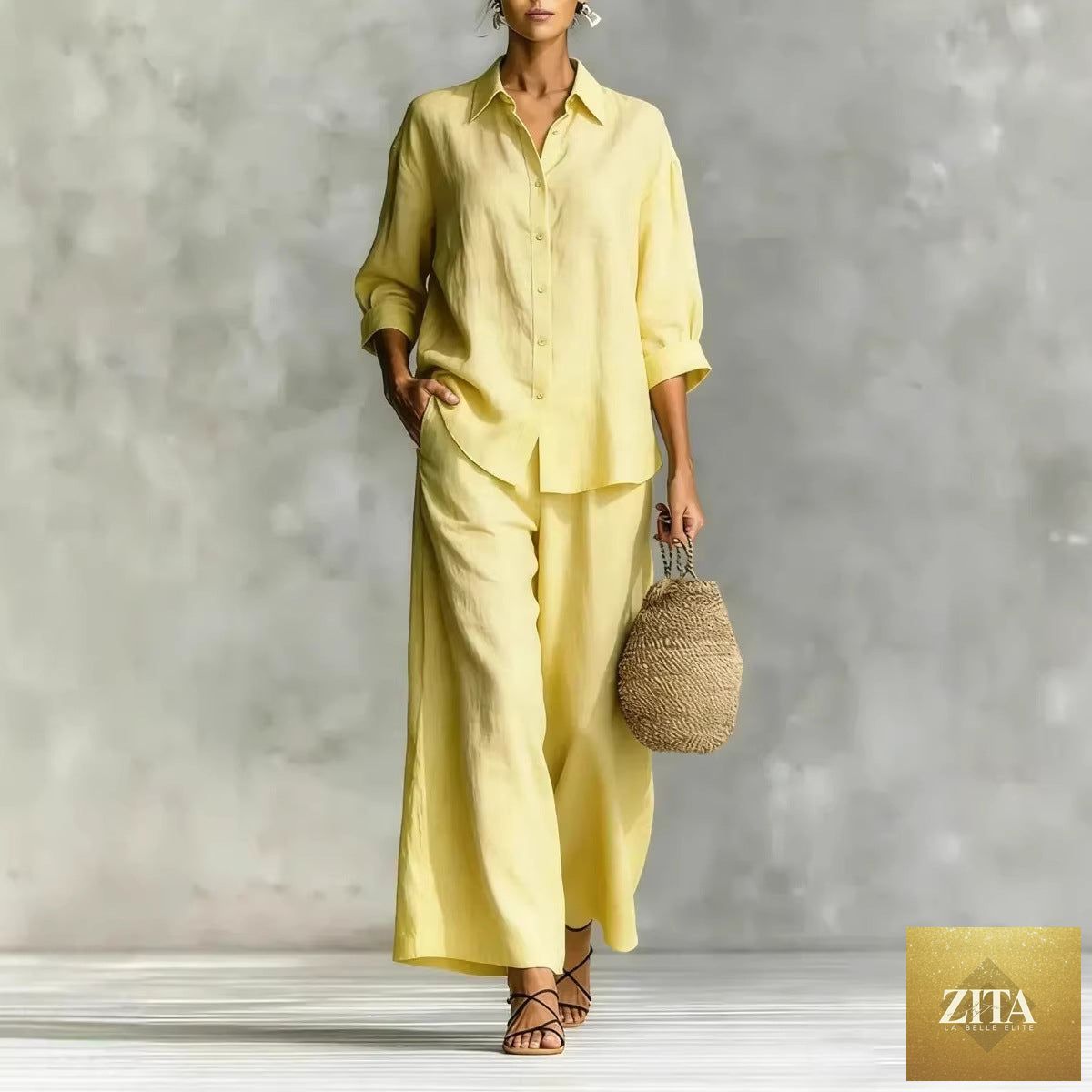 Zita La Belle Elite cotton-linen shirt and wide-leg pants suit in six colors, casualwear for women, size S to 5XL.