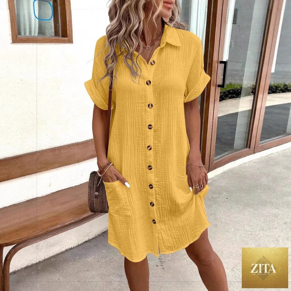 Women’s casual loose short-sleeve midi shirt dress by Zita La Belle Elite featuring button-down front and relaxed fit.