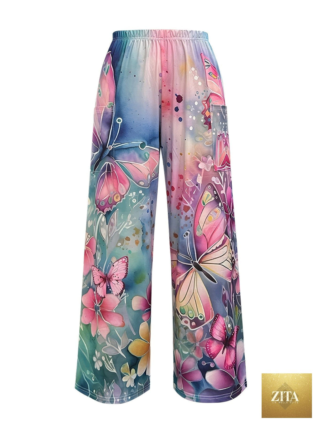 Plus size casual pants with butterfly print from Trendy Attic Store01, featuring a relaxed fit and comfortable waist.