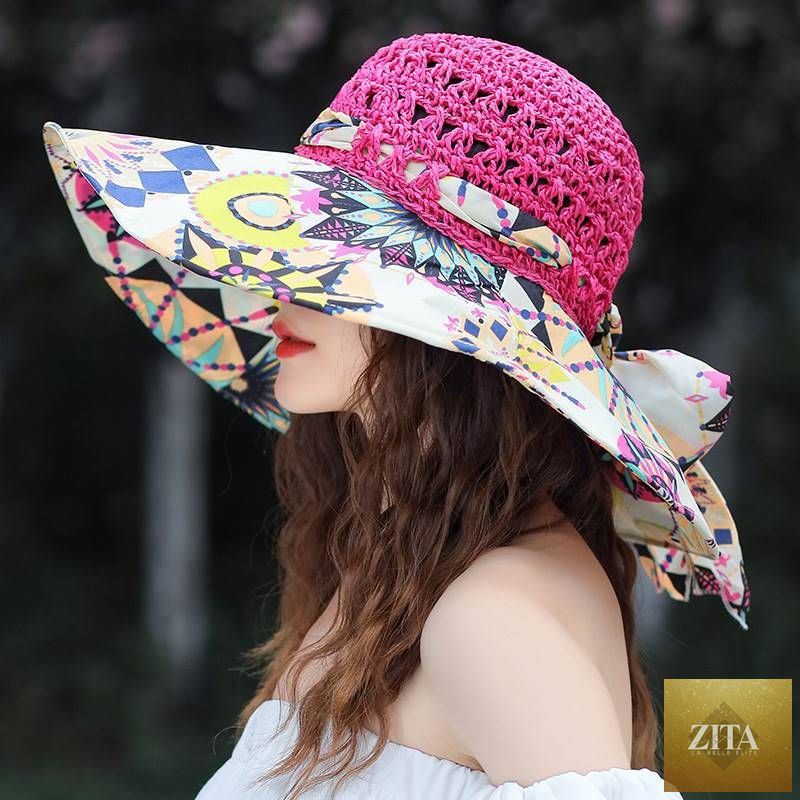 Women's patterned straw beach sun hat with round crown, UV protection, perfect for summer, by Zita La Belle Elite