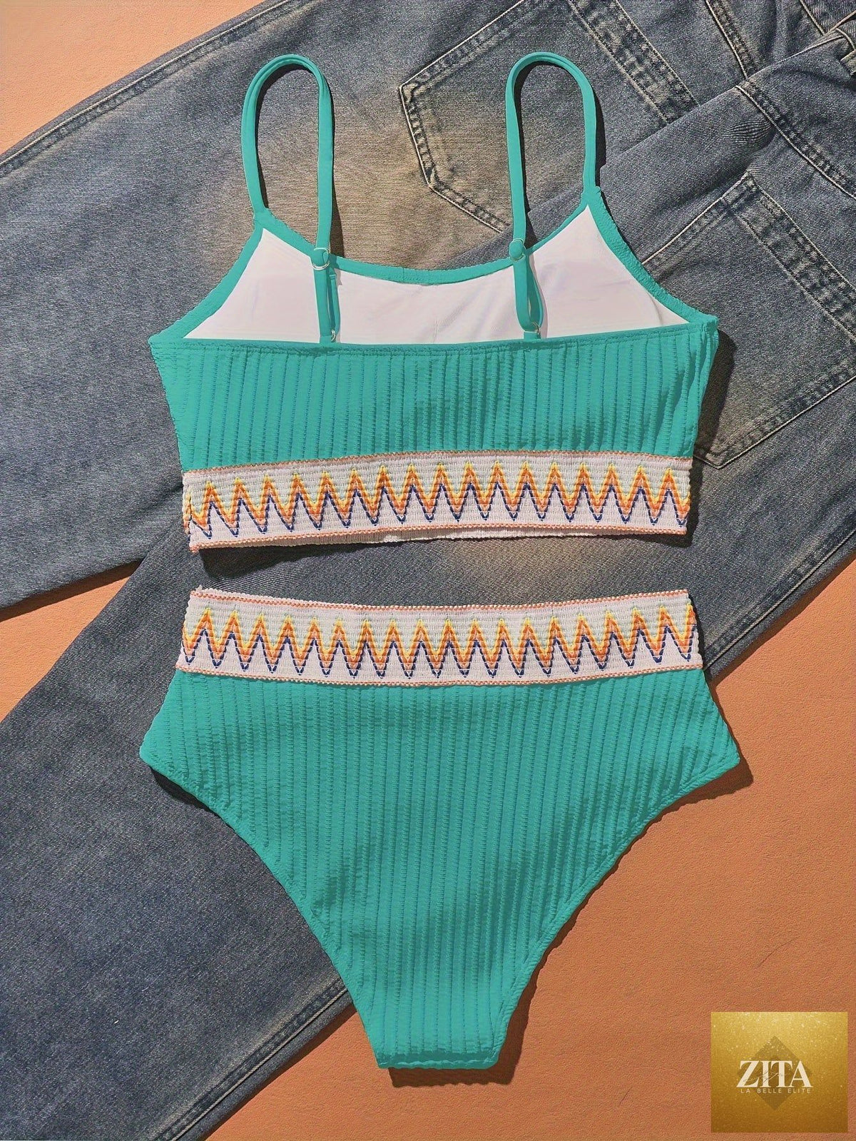 Stevvex women's bikini set with scoop neck, high waist, solid color with contrast band, suitable for beach and summer vacation.