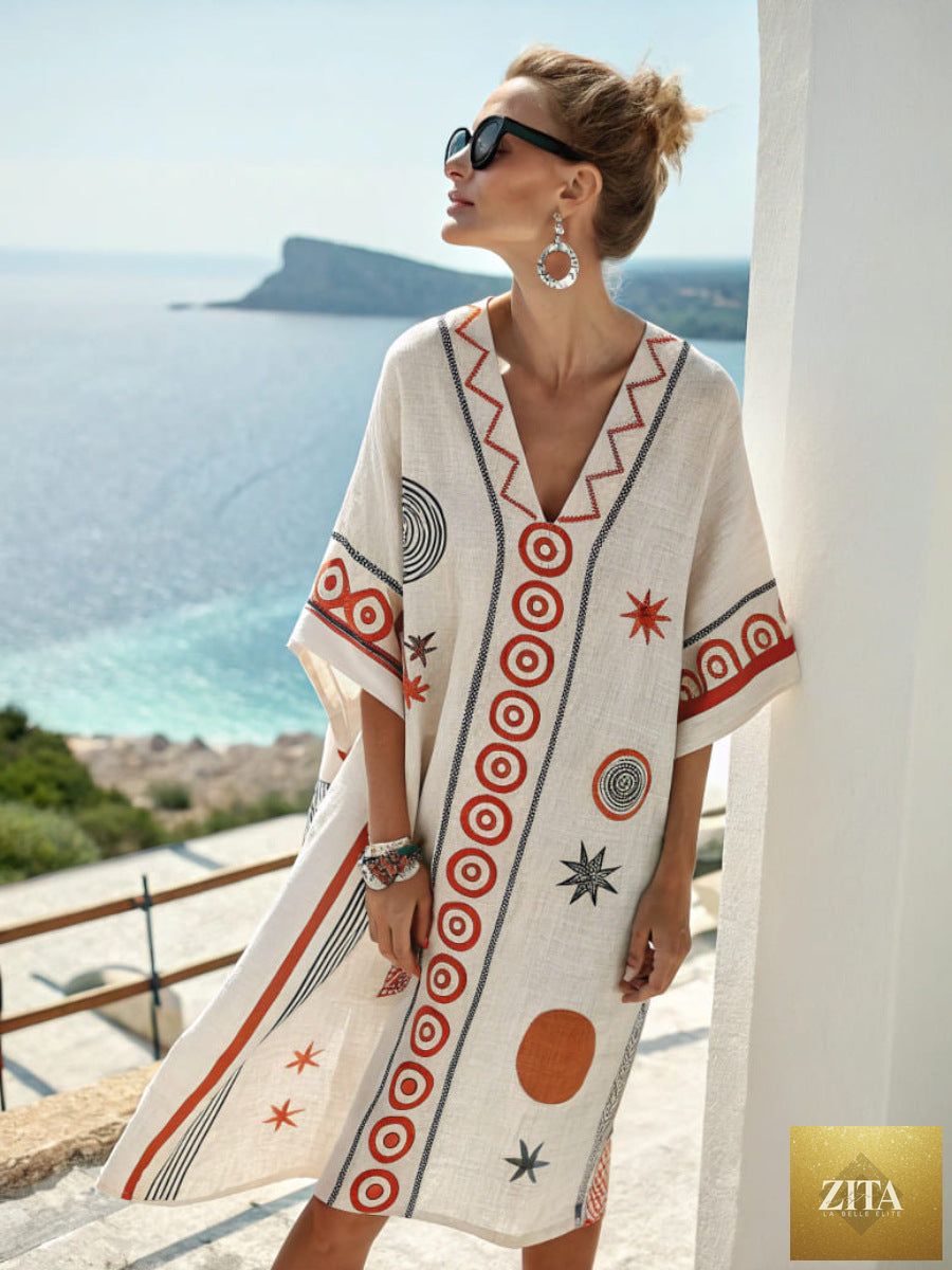 Women's printed loose A-line beach midi dress by Zita La Belle Elite with floral pattern, flowing fabric, and relaxed fit for vacation.