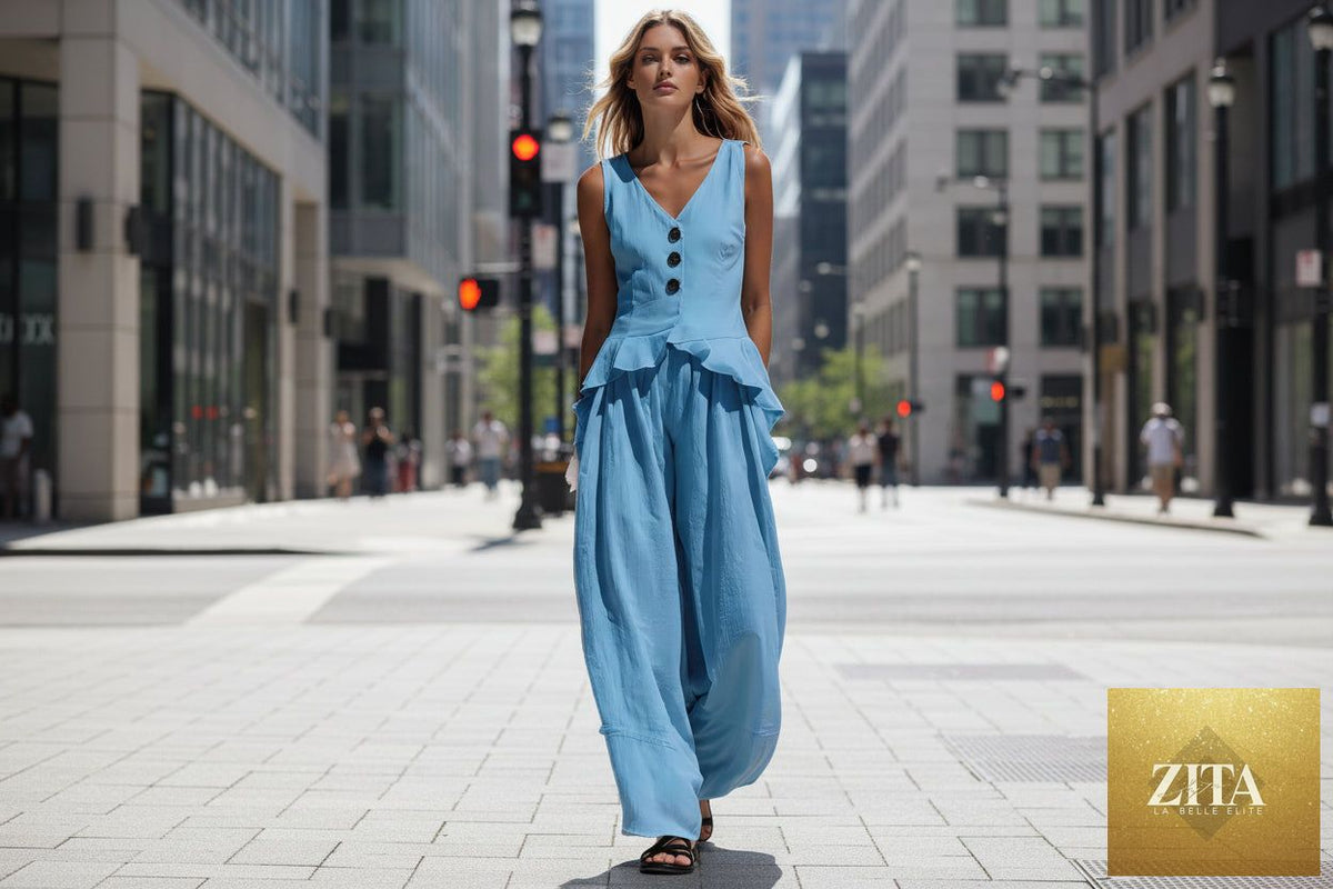 Zita La Belle Elite casualwear set with ruffled tank top and draping wide-leg pants in six colors, available in sizes S to 3XL.