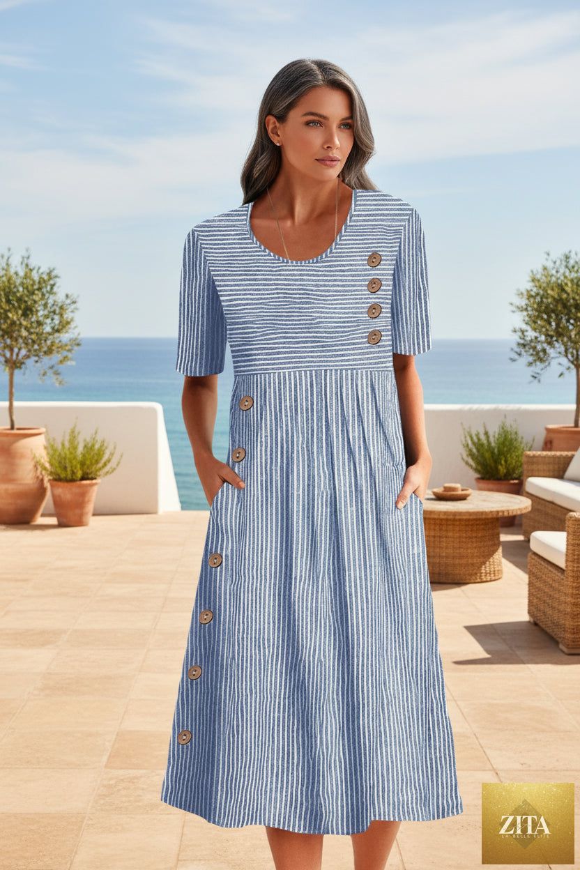 Zita La Belle Elite button-down swing maxi dress with short sleeves, pockets, and pullover style, flowing long dress in lightweight fabric.