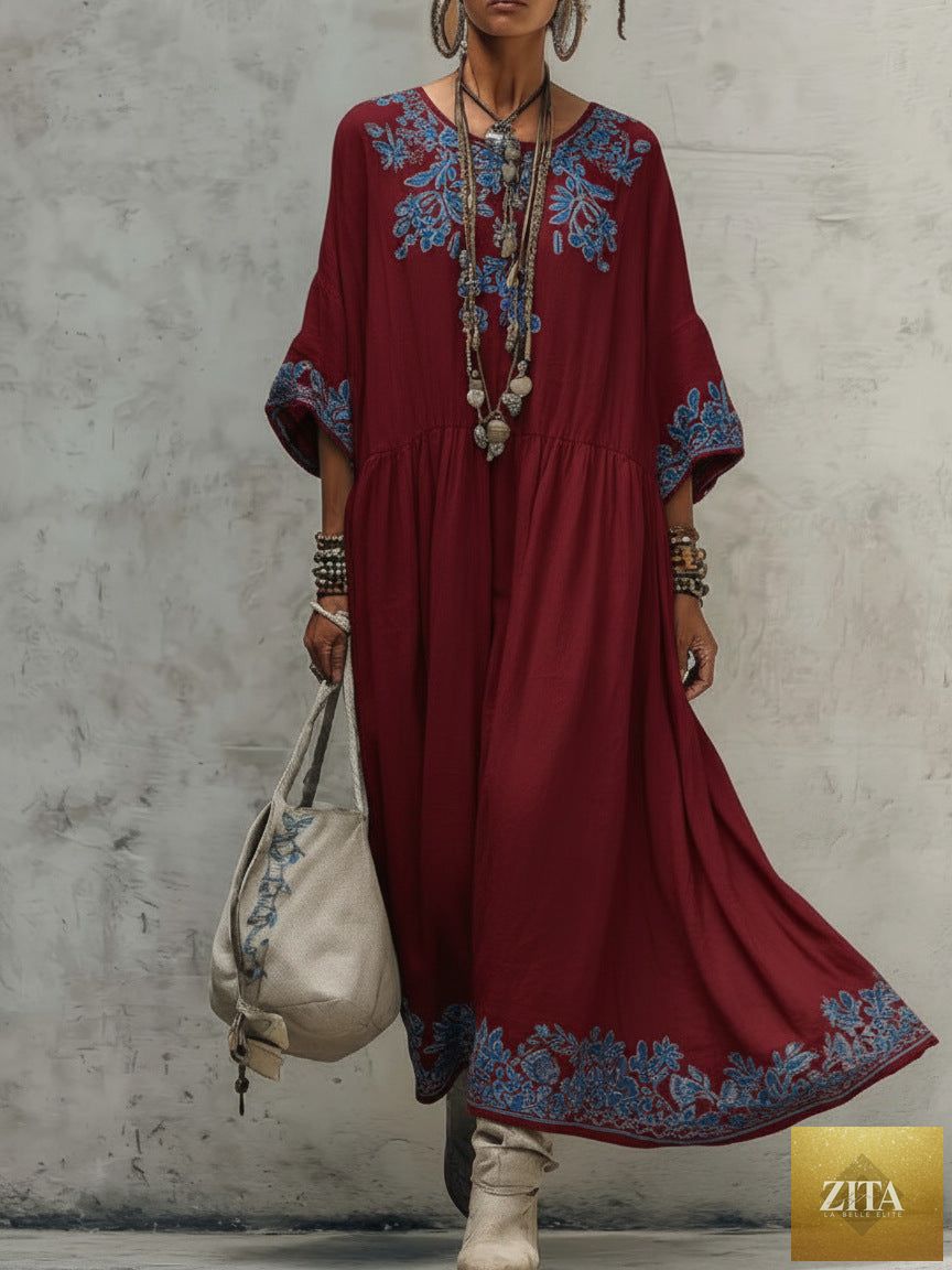 Women's printed batwing sleeve midi dress by Zita La Belle Elite, loose fit linen blend fabric, stylish and comfortable for casual wear.